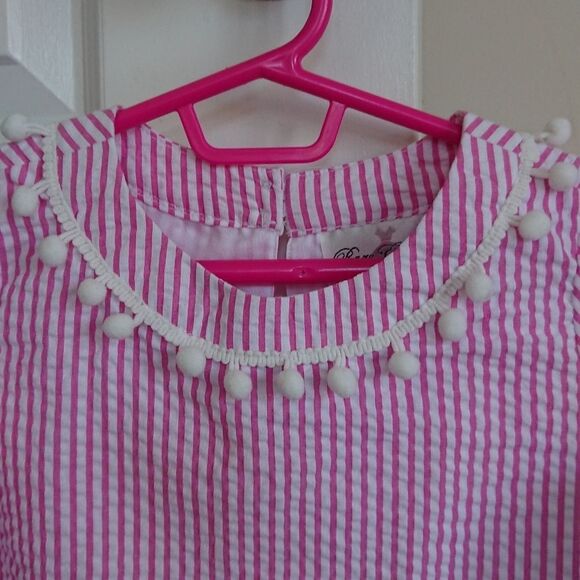 RARE EDITIONS Toddler Girls Pink & White Striped Dress with Pom Pom Trim size 5T - Picture 4 of 10